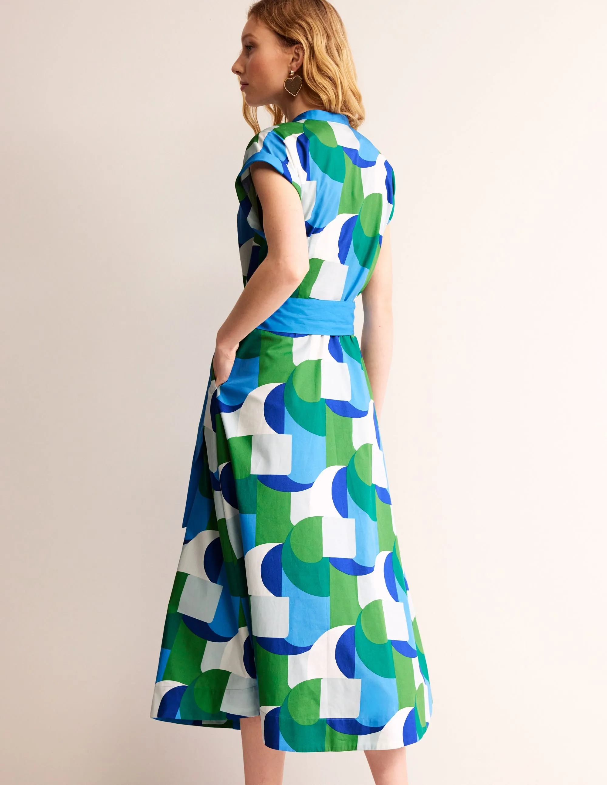 Amanda Cotton Midi Shirt Dress-Blue, Geometric Swirl