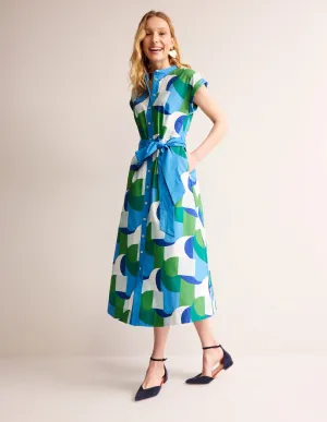 Amanda Cotton Midi Shirt Dress-Blue, Geometric Swirl