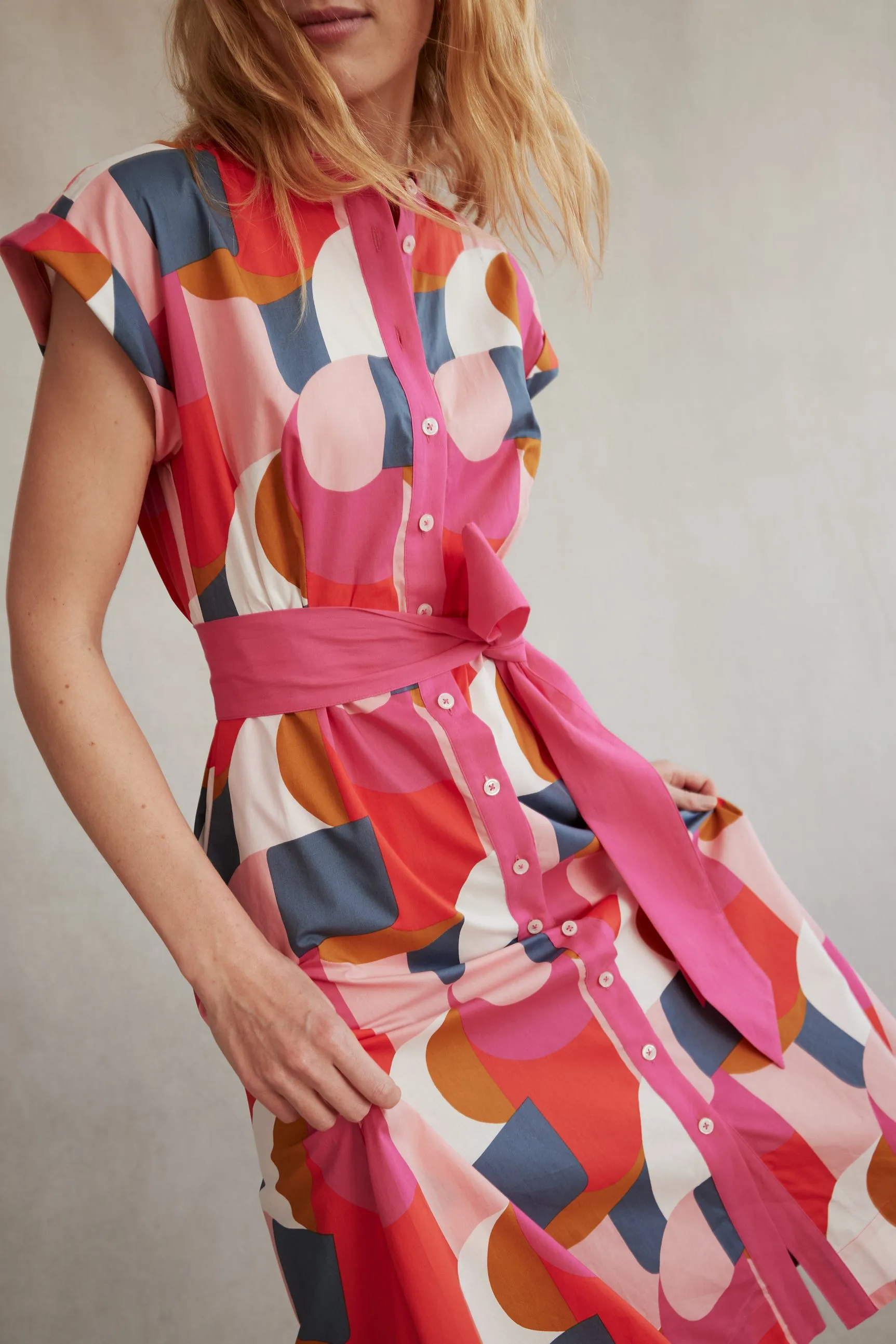 Amanda Cotton Midi Shirt Dress-Festival Pink, Geometric Swirl