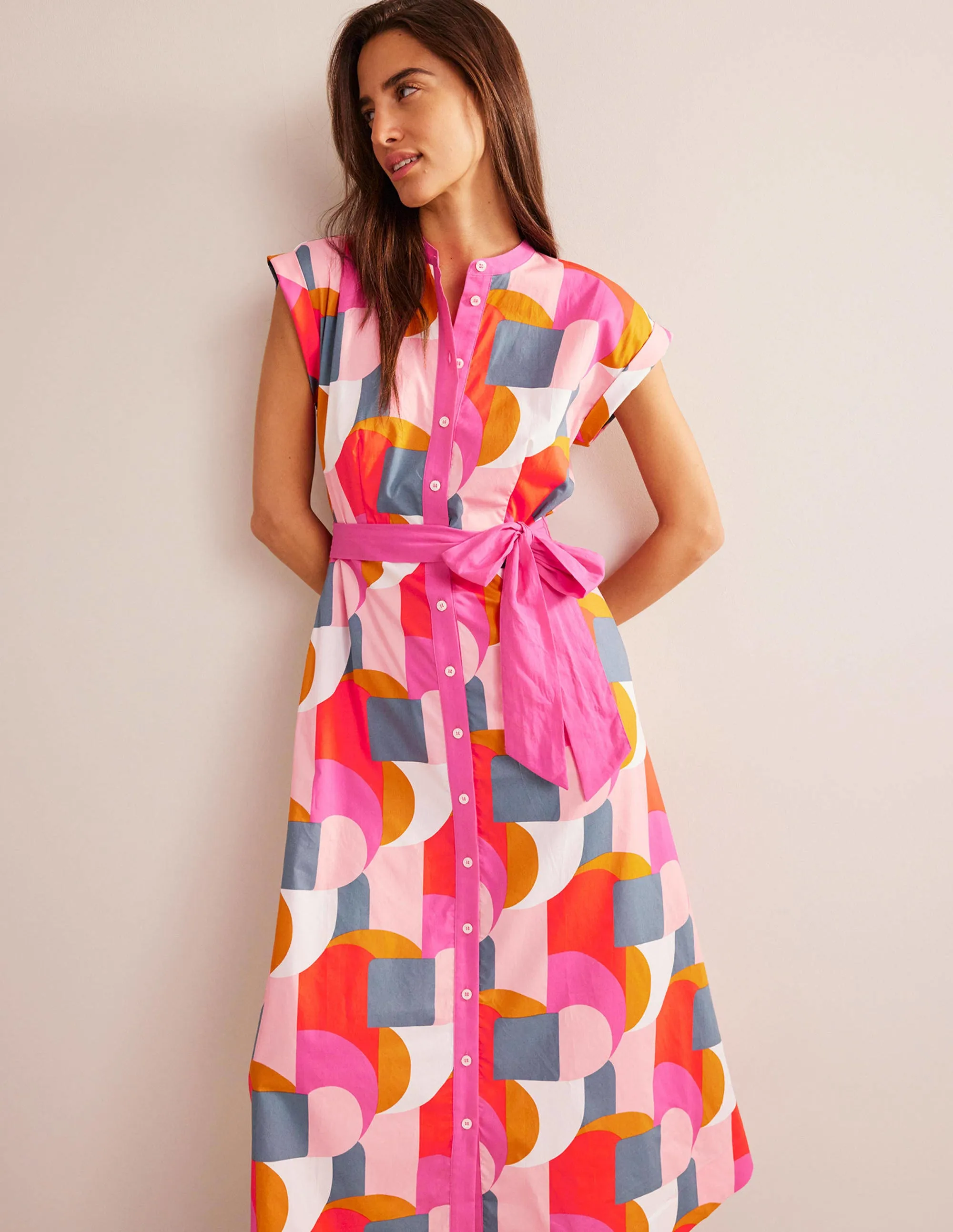 Amanda Cotton Midi Shirt Dress-Festival Pink, Geometric Swirl