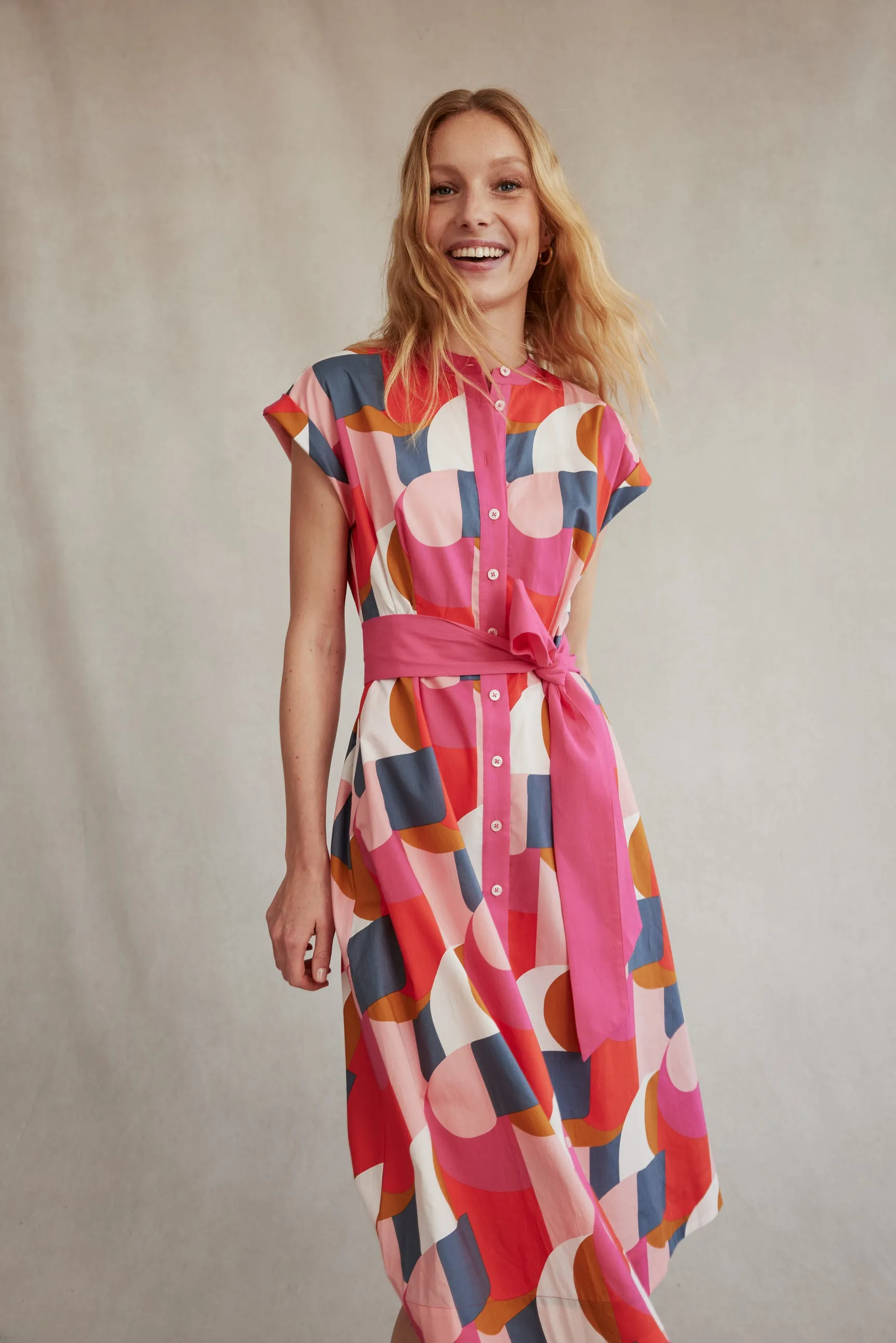 Amanda Cotton Midi Shirt Dress-Festival Pink, Geometric Swirl