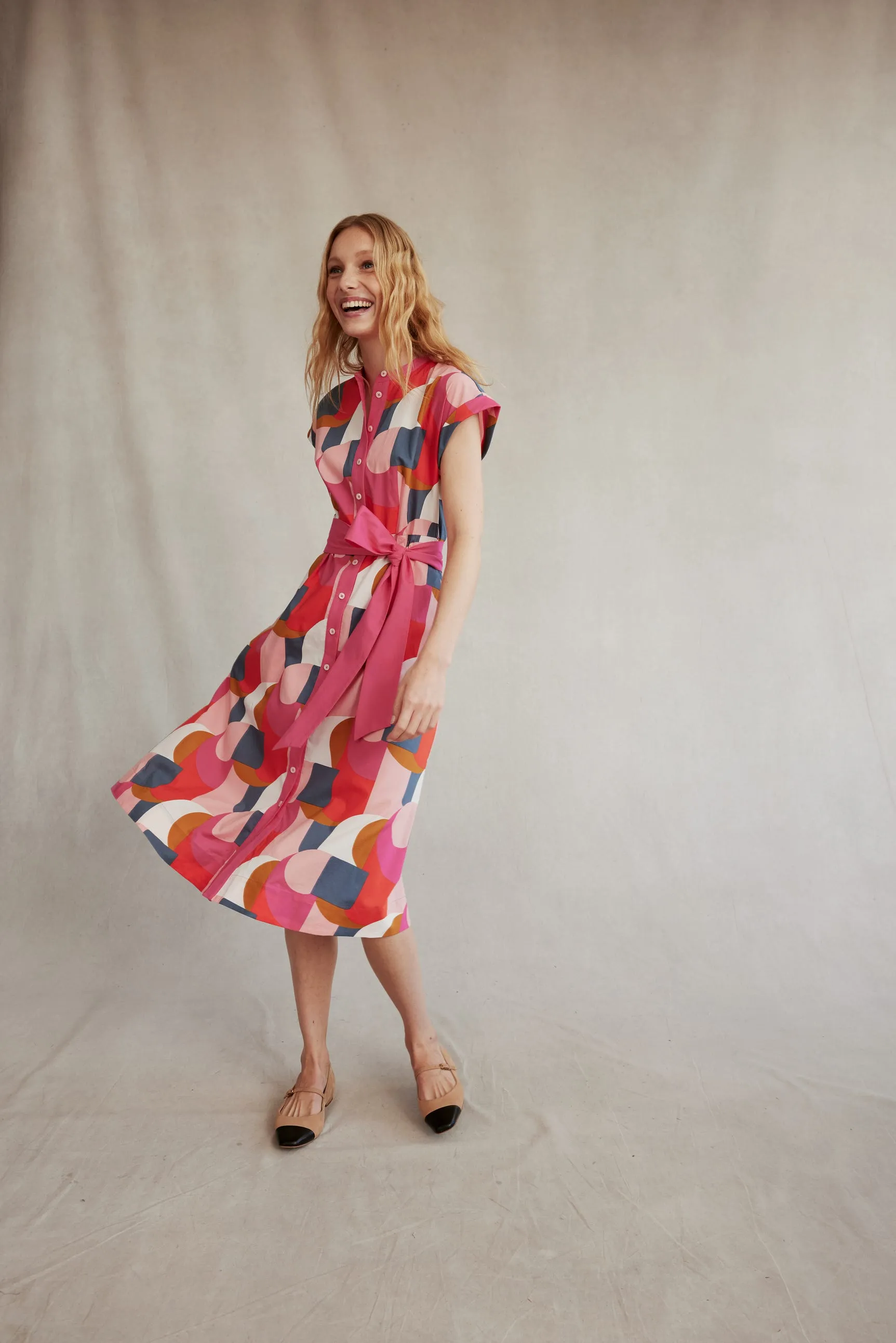 Amanda Cotton Midi Shirt Dress-Festival Pink, Geometric Swirl