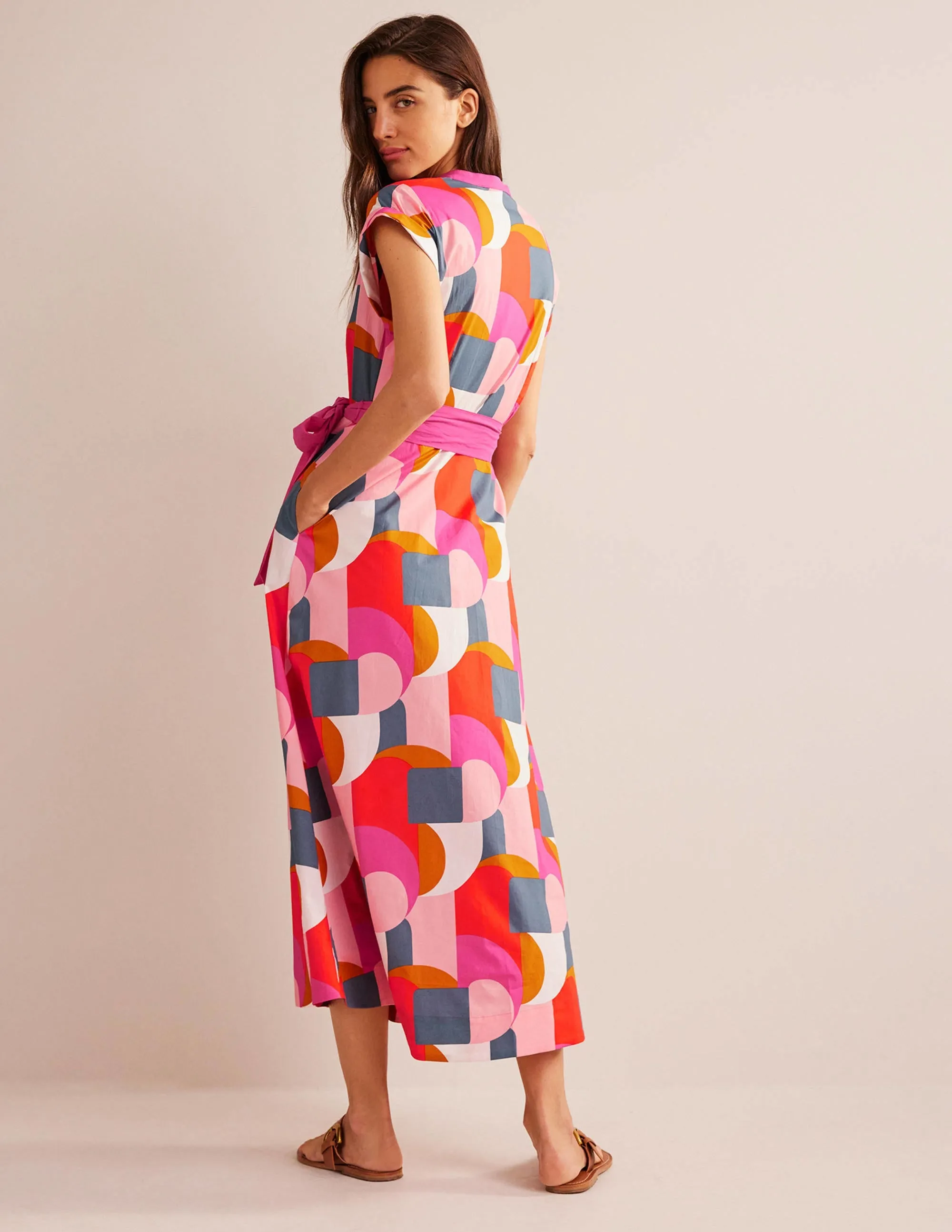 Amanda Cotton Midi Shirt Dress-Festival Pink, Geometric Swirl