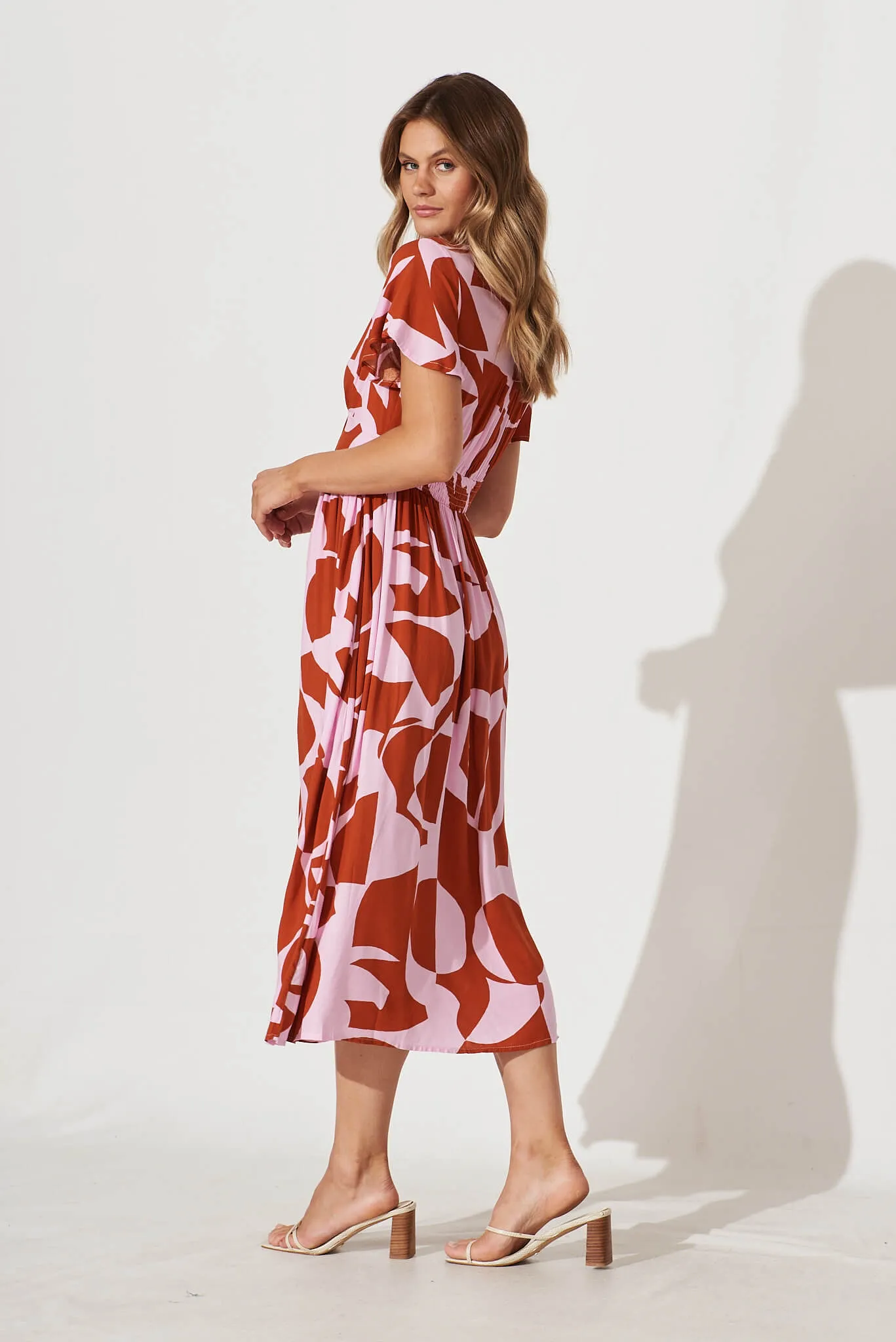 Anthea Midi Dress In Rust And Pink Geometric Print
