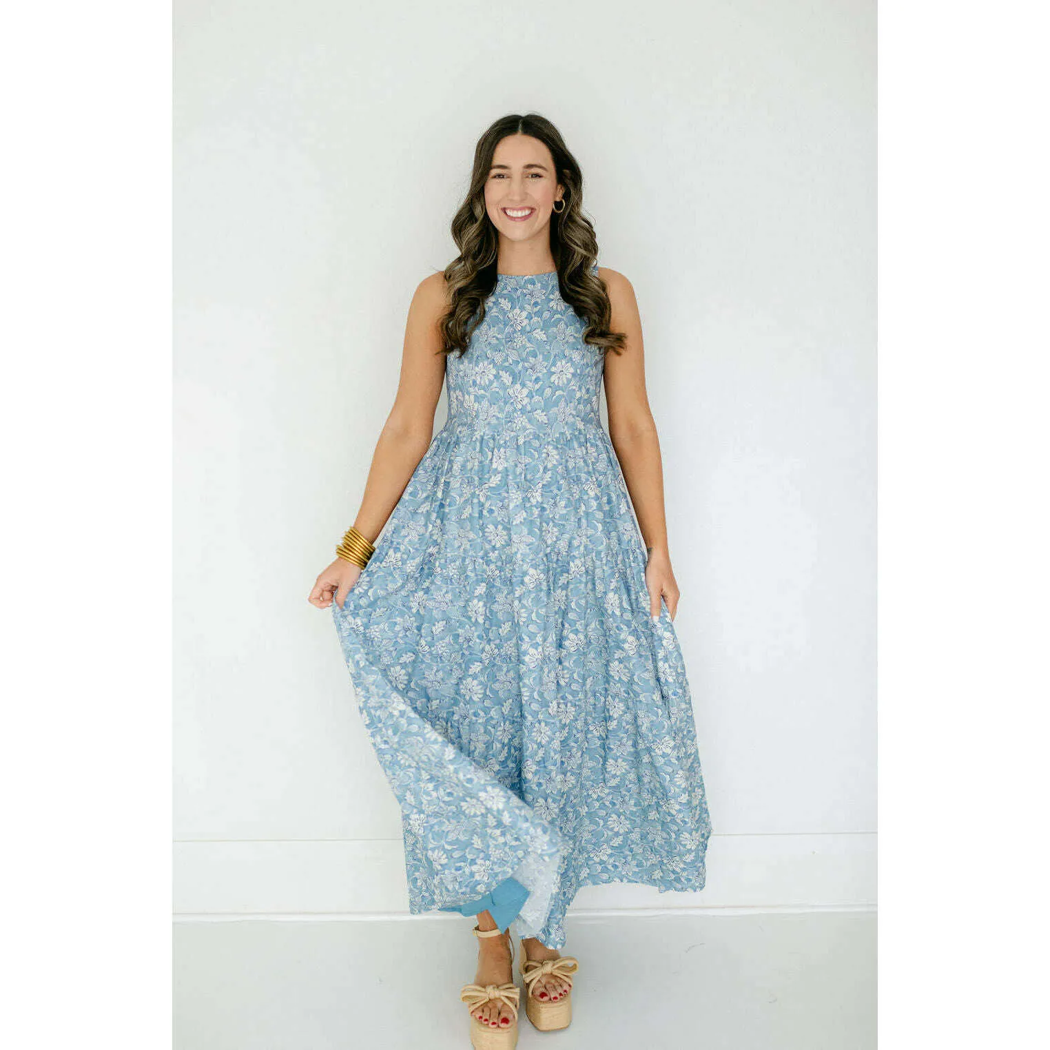 Aureum Blue Floral Tiered Maxi Dress