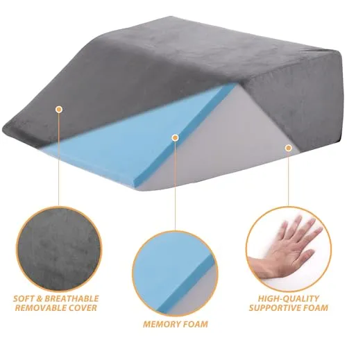 Bedluxe Leg Elevation Pillows, Leg Pillows for Sleeping, Cooling Gel Memory Foam Top, Wedge Pillow for Legs, Leg Wedges for Circulation, Swelling, After Surgery - Removable Cover (6 Inch, Grey)