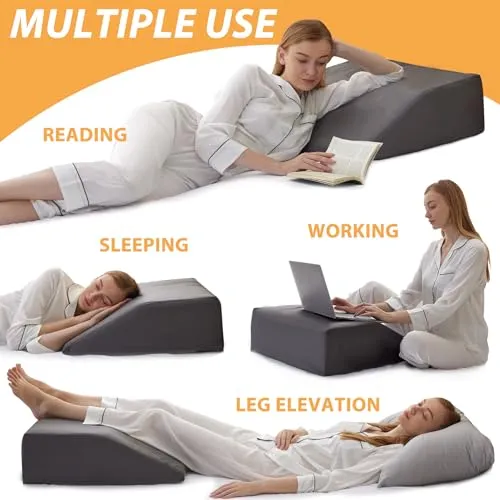 Bedluxe Leg Elevation Pillows, Leg Pillows for Sleeping, Cooling Gel Memory Foam Top, Wedge Pillow for Legs, Leg Wedges for Circulation, Swelling, After Surgery - Removable Cover (6 Inch, Grey)