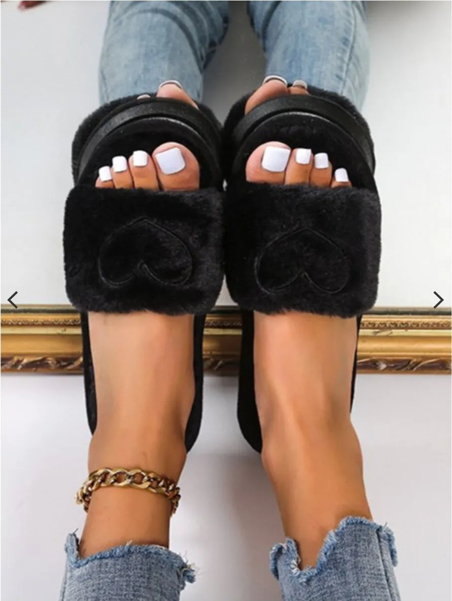 Black Soft Slippers W/ Heart