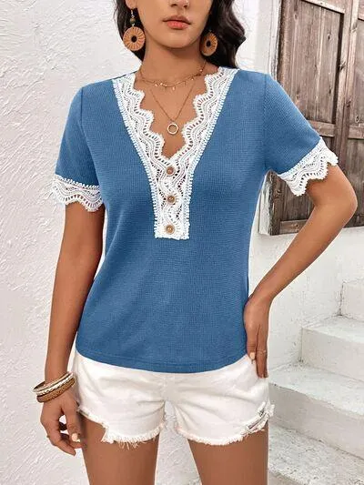 Casually Gentle Lace Trim Short Sleeve V Neck Top