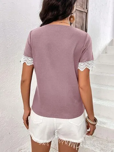 Casually Gentle Lace Trim Short Sleeve V Neck Top