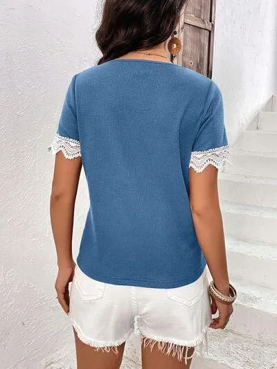 Casually Gentle Lace Trim Short Sleeve V Neck Top