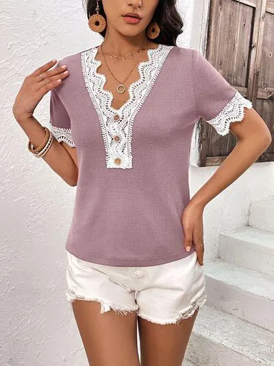 Casually Gentle Lace Trim Short Sleeve V Neck Top