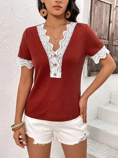 Casually Gentle Lace Trim Short Sleeve V Neck Top