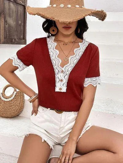 Casually Gentle Lace Trim Short Sleeve V Neck Top