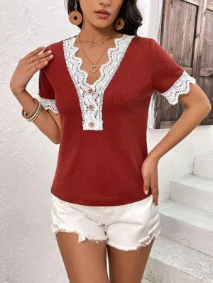 Casually Gentle Lace Trim Short Sleeve V Neck Top