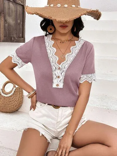 Casually Gentle Lace Trim Short Sleeve V Neck Top