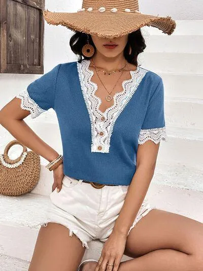 Casually Gentle Lace Trim Short Sleeve V Neck Top