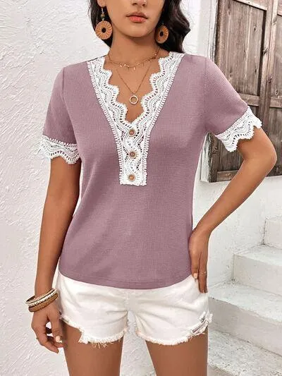 Casually Gentle Lace Trim Short Sleeve V Neck Top
