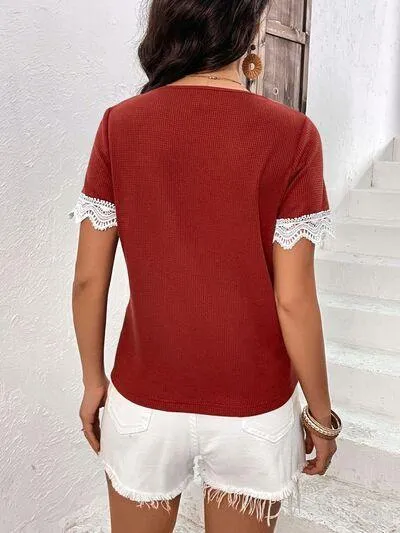 Casually Gentle Lace Trim Short Sleeve V Neck Top