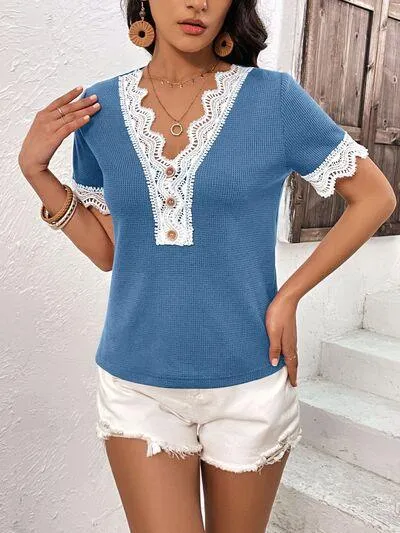 Casually Gentle Lace Trim Short Sleeve V Neck Top