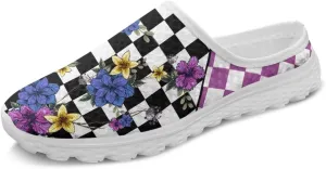 Checkerboard Womens Slip On Clogs Mules Slip-On Walking Yoga Shoes Breathable Mesh Slippers Garden Loafers