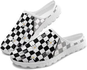 Checkerboard Womens Slip On Clogs Mules Slip-On Walking Yoga Shoes Breathable Mesh Slippers Garden Loafers