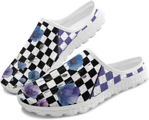 Checkerboard Womens Slip On Clogs Mules Slip-On Walking Yoga Shoes Breathable Mesh Slippers Garden Loafers