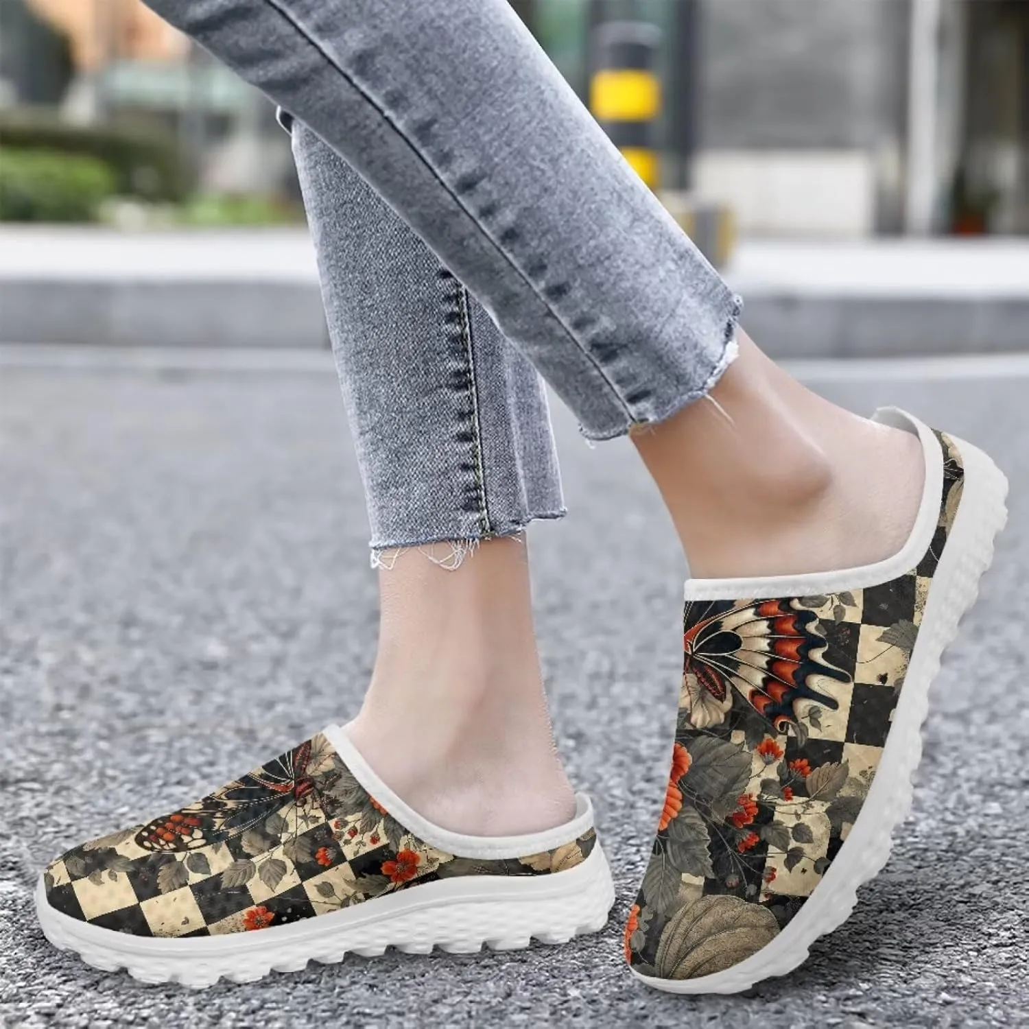 Checkerboard Womens Slip On Clogs Mules Slip-On Walking Yoga Shoes Breathable Mesh Slippers Garden Loafers