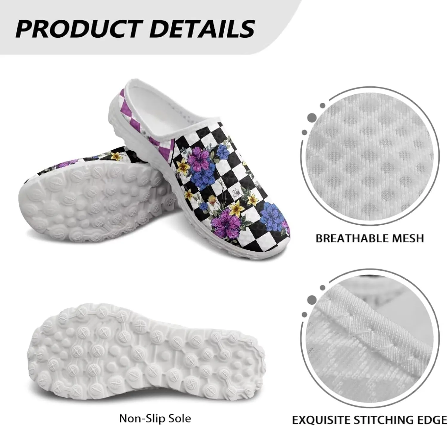 Checkerboard Womens Slip On Clogs Mules Slip-On Walking Yoga Shoes Breathable Mesh Slippers Garden Loafers