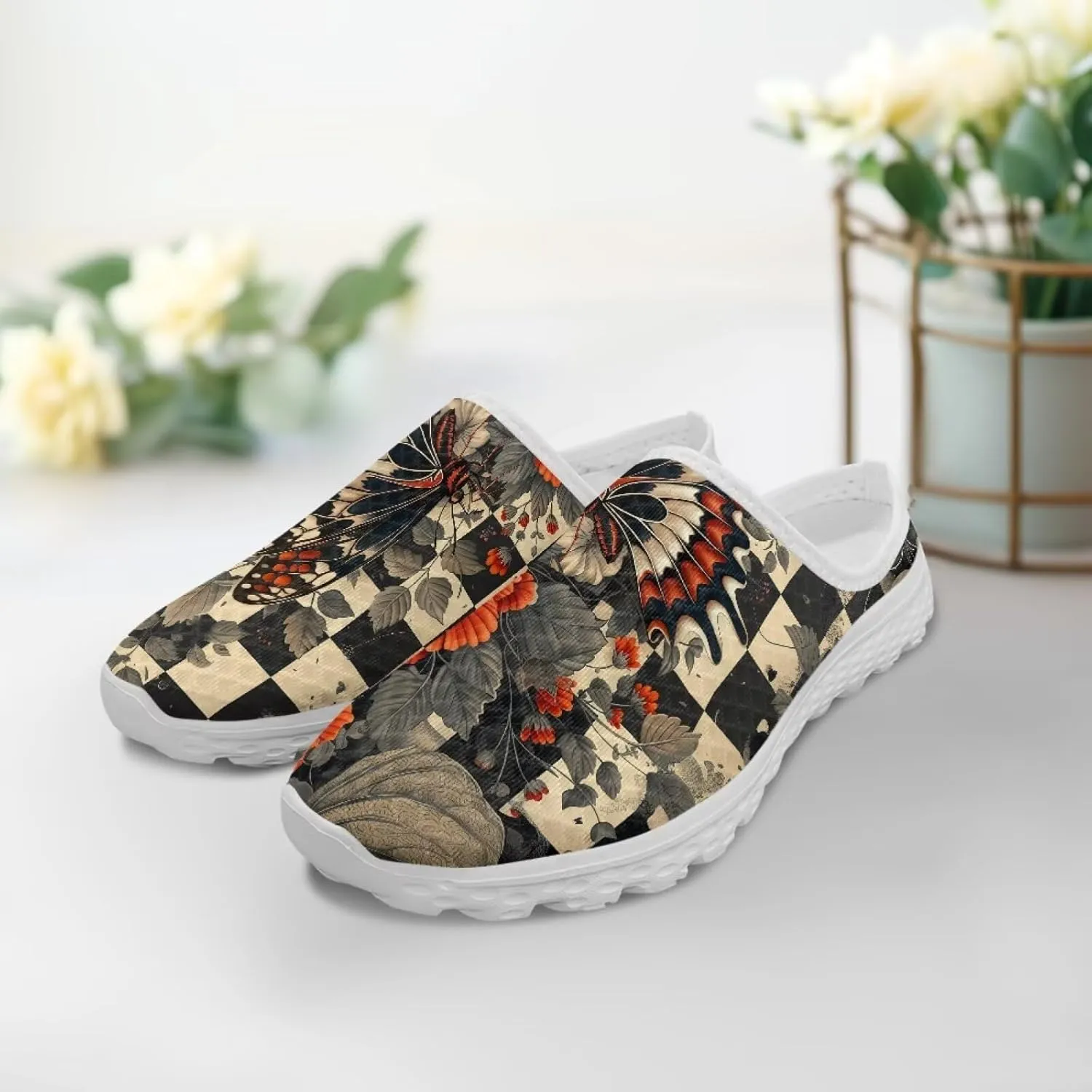 Checkerboard Womens Slip On Clogs Mules Slip-On Walking Yoga Shoes Breathable Mesh Slippers Garden Loafers