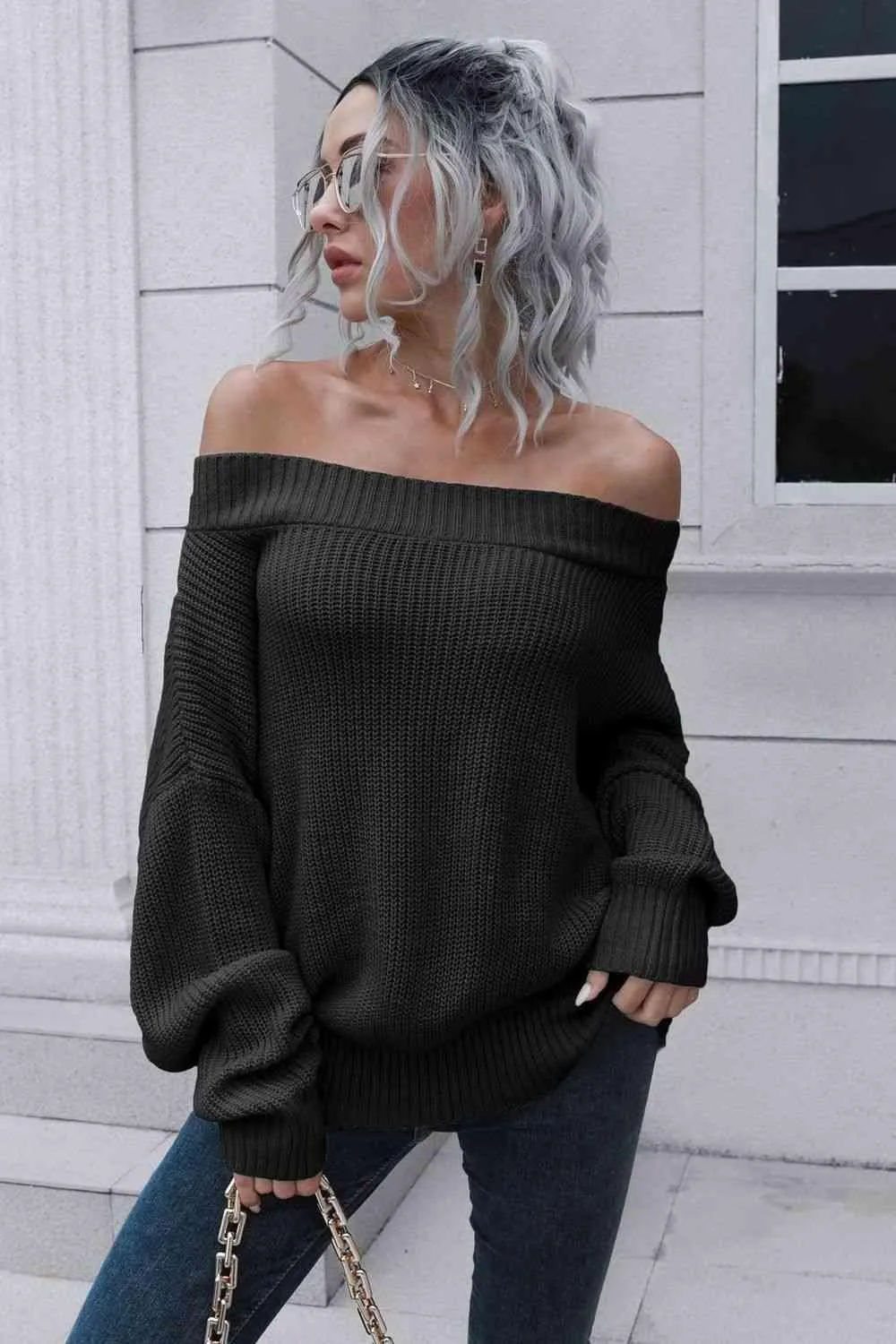 Chic Comfort Ribbed Knit Off Shoulder Sweater