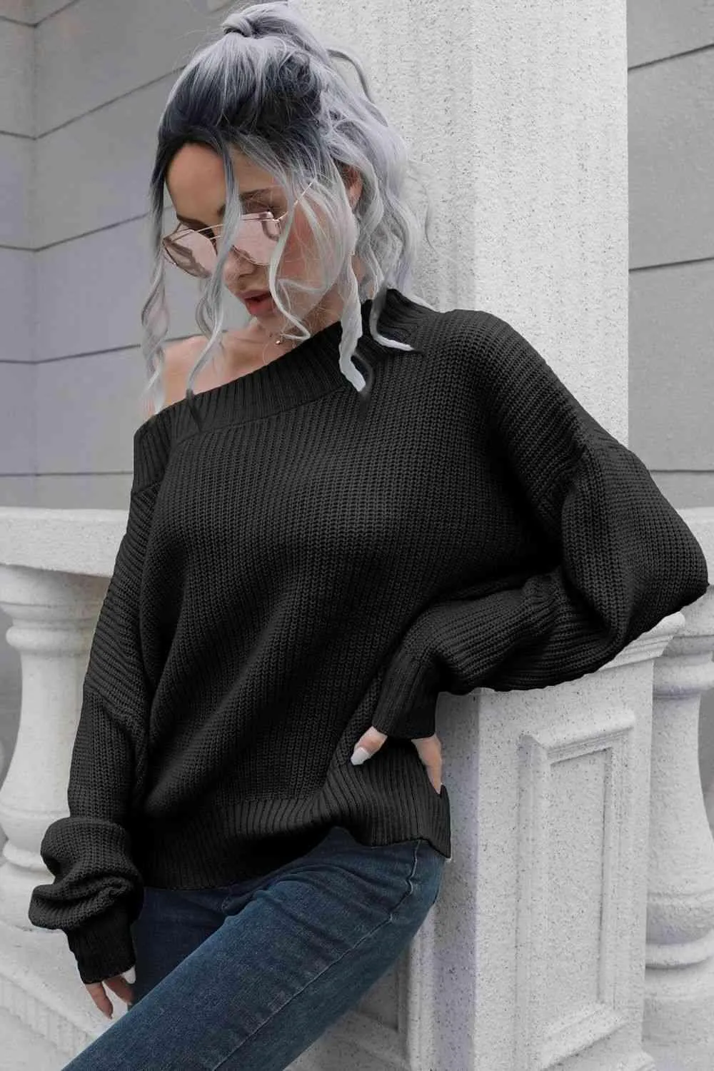 Chic Comfort Ribbed Knit Off Shoulder Sweater