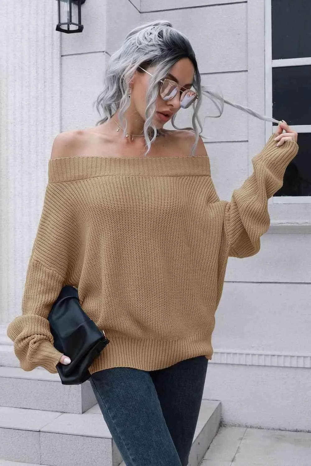 Chic Comfort Ribbed Knit Off Shoulder Sweater
