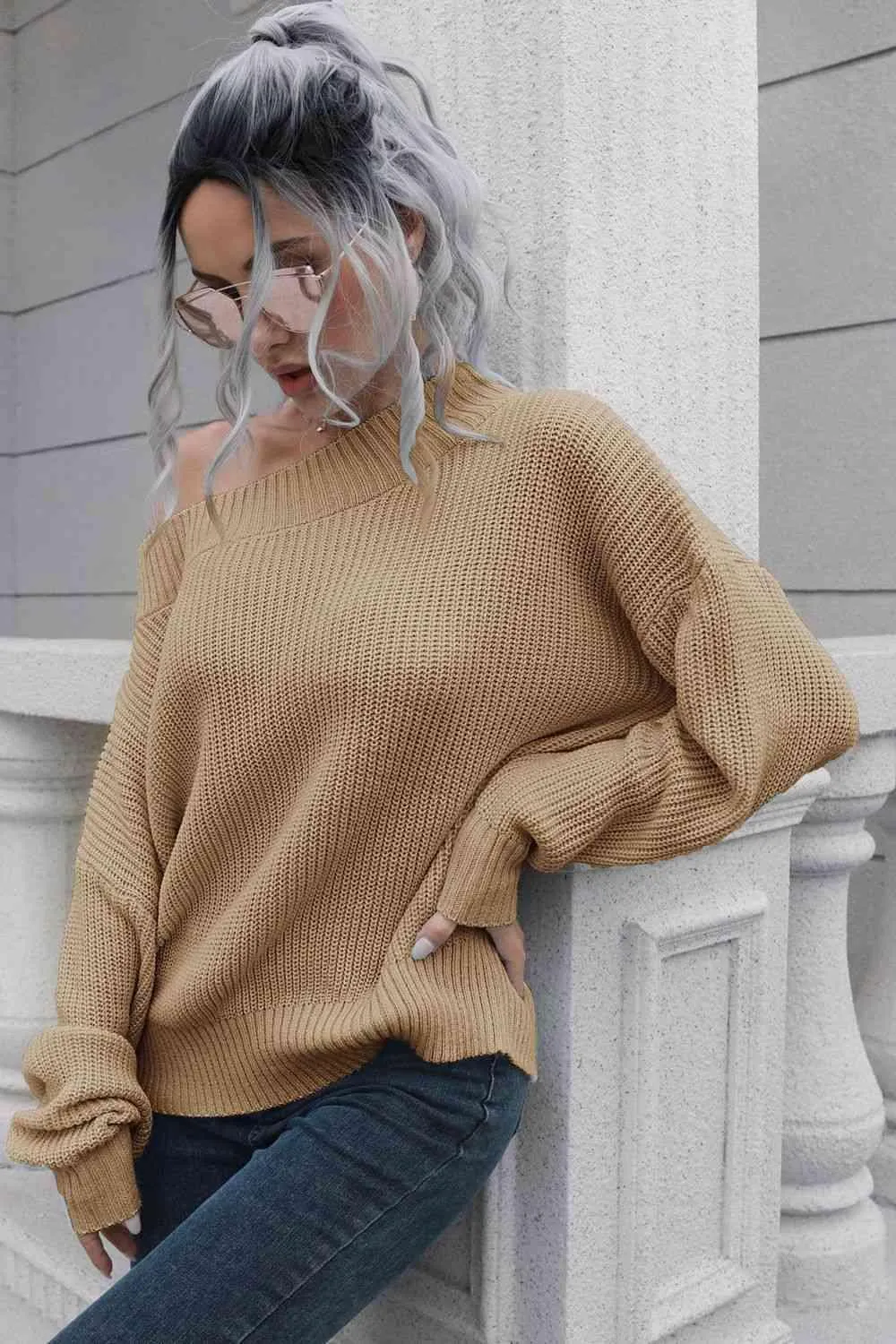Chic Comfort Ribbed Knit Off Shoulder Sweater