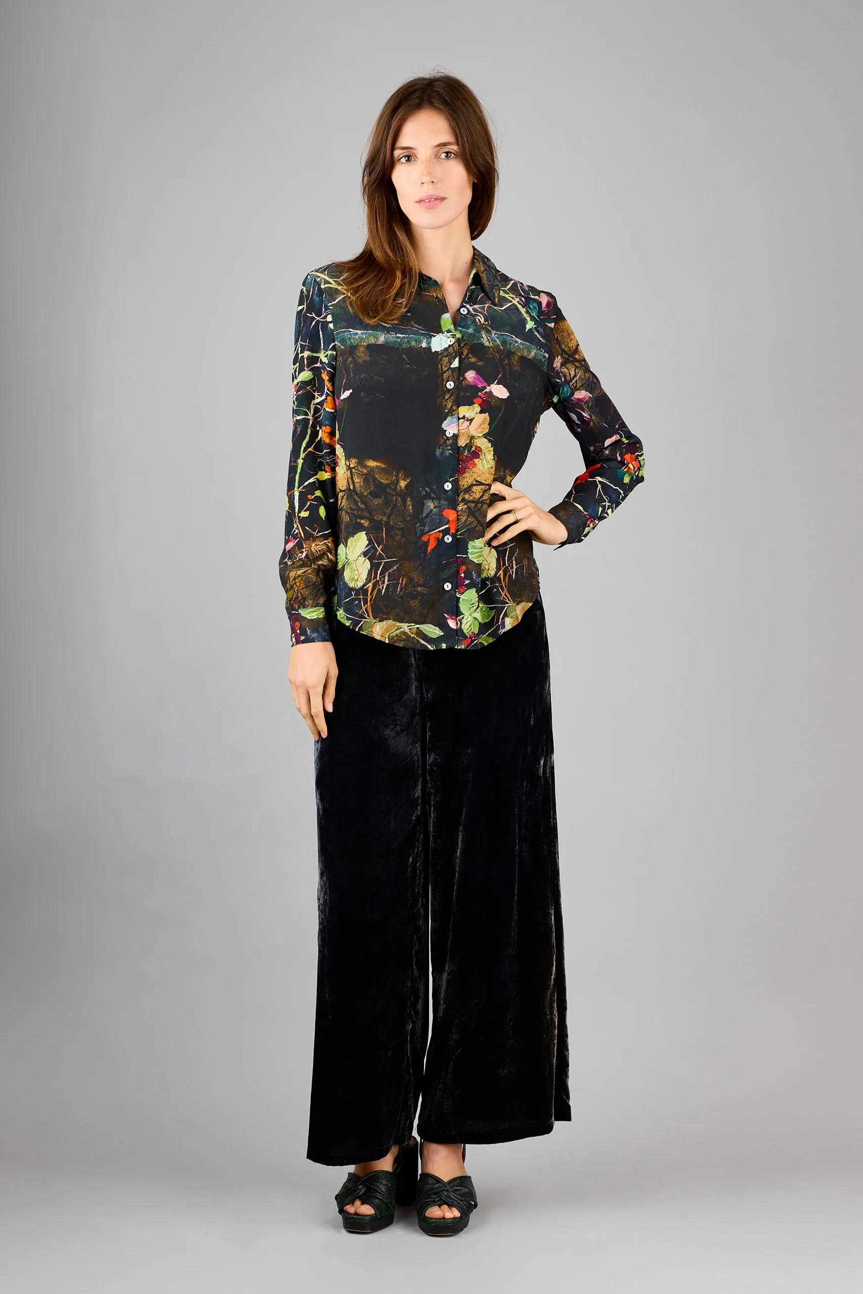 Concordia Thorny Twigs Black Silk Crepe de Chine Shirt