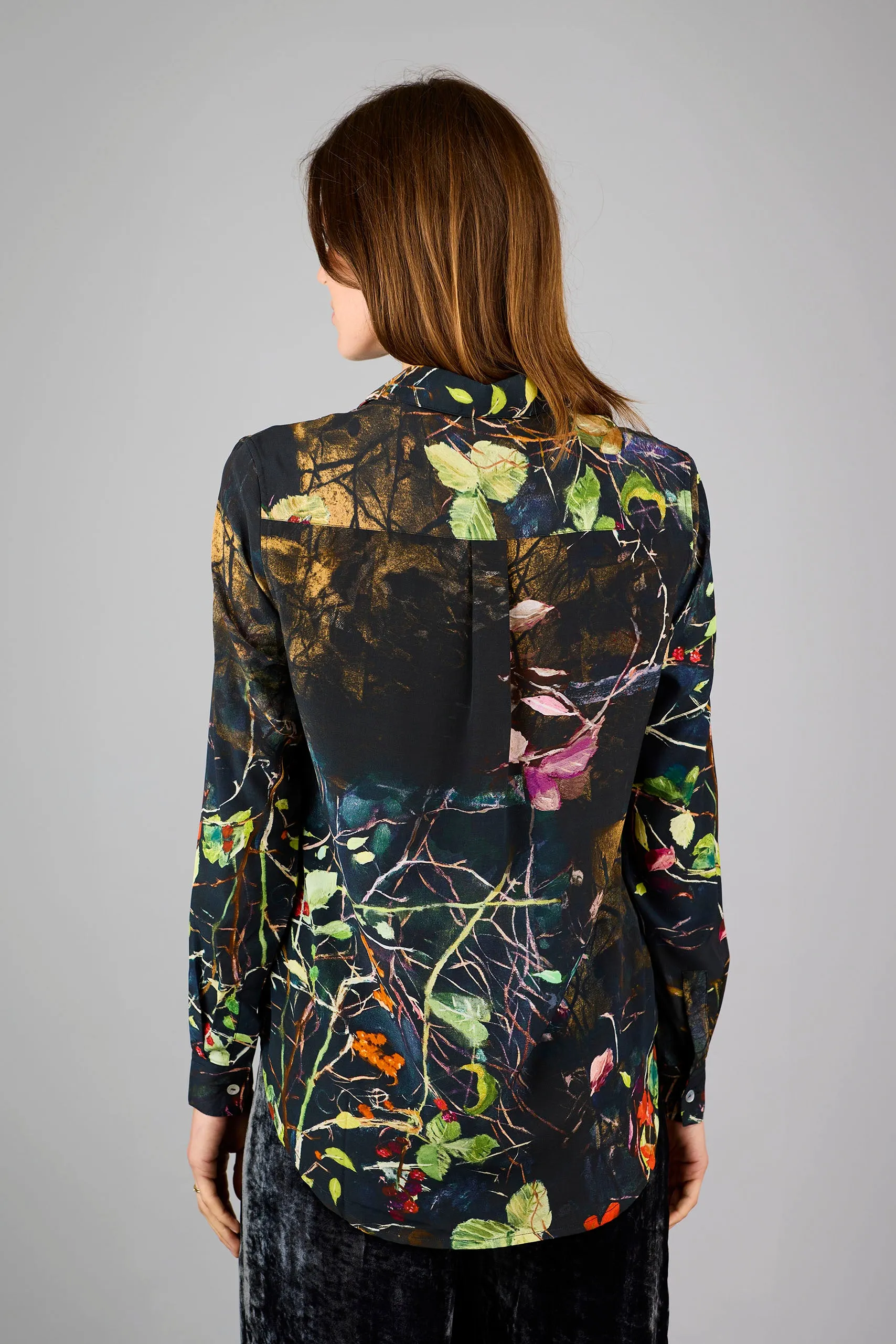 Concordia Thorny Twigs Black Silk Crepe de Chine Shirt