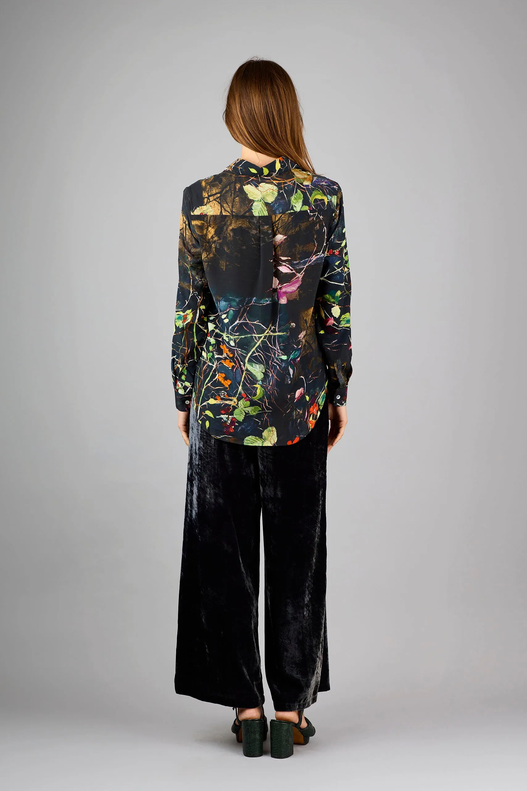 Concordia Thorny Twigs Black Silk Crepe de Chine Shirt