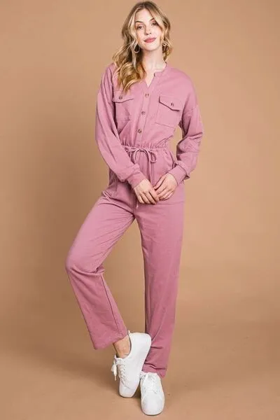 Culture Code Red Button Down Drawstring Waist Straight Leg Jumpsuit