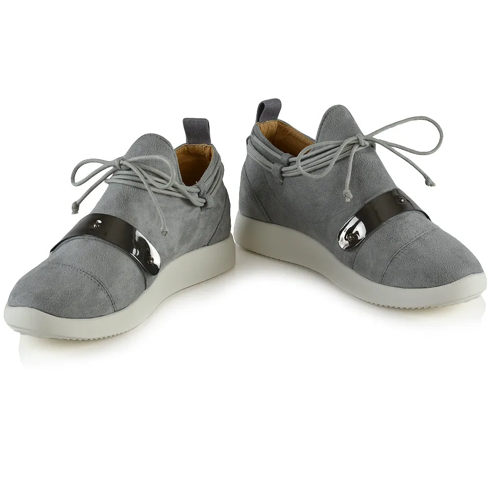 EVANESCENCE LACE UP FLAT RUBBER SOLE SLIP ON TRAINERS IN GREY FAUX SUEDE
