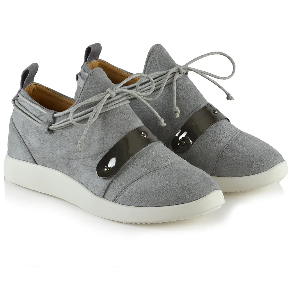 EVANESCENCE LACE UP FLAT RUBBER SOLE SLIP ON TRAINERS IN GREY FAUX SUEDE