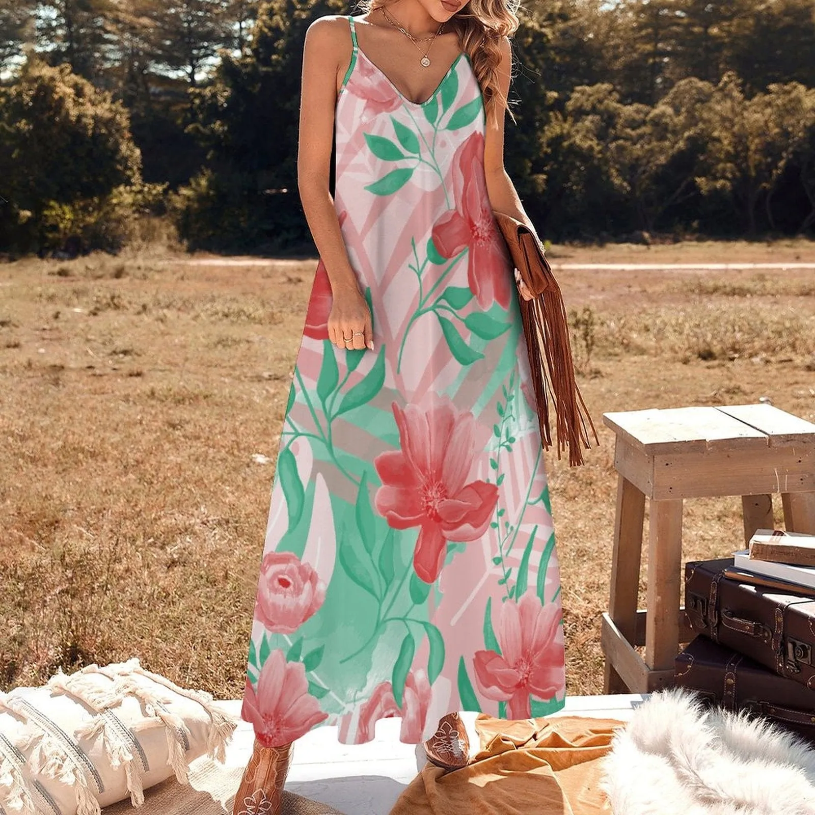 Flowers Summer Dress Straps Slip Dress Sleeveless Beach Dress Women's Long Slip Dress Gift for Her
