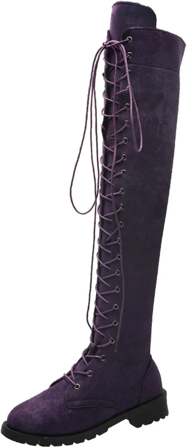 hlysgo Womens Lacing Up Over The Knee Fashion Winter Wide Calf Sexy Thigh High Stretch Long Boots