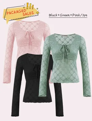 Lace Floral Semi-Sheer Tops Long Sleeve Sweetheart Neck Front Bowknot Cropped Blouse Clubwear