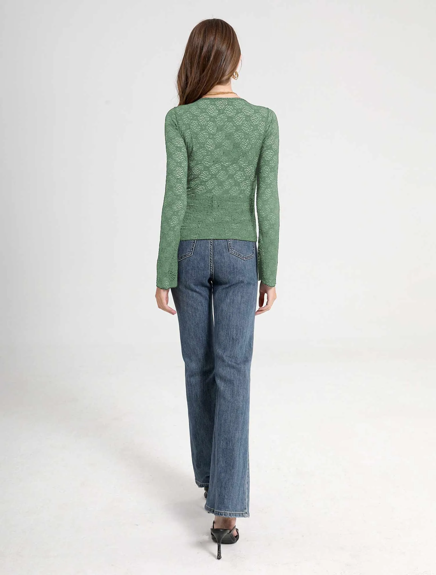Lace Floral Semi-Sheer Tops Long Sleeve Sweetheart Neck Front Bowknot Cropped Blouse Clubwear