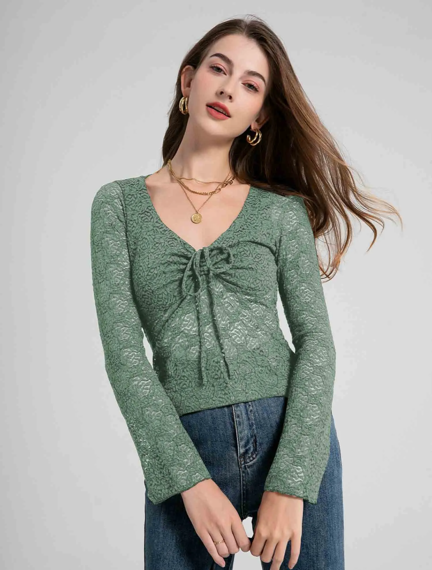 Lace Floral Semi-Sheer Tops Long Sleeve Sweetheart Neck Front Bowknot Cropped Blouse Clubwear