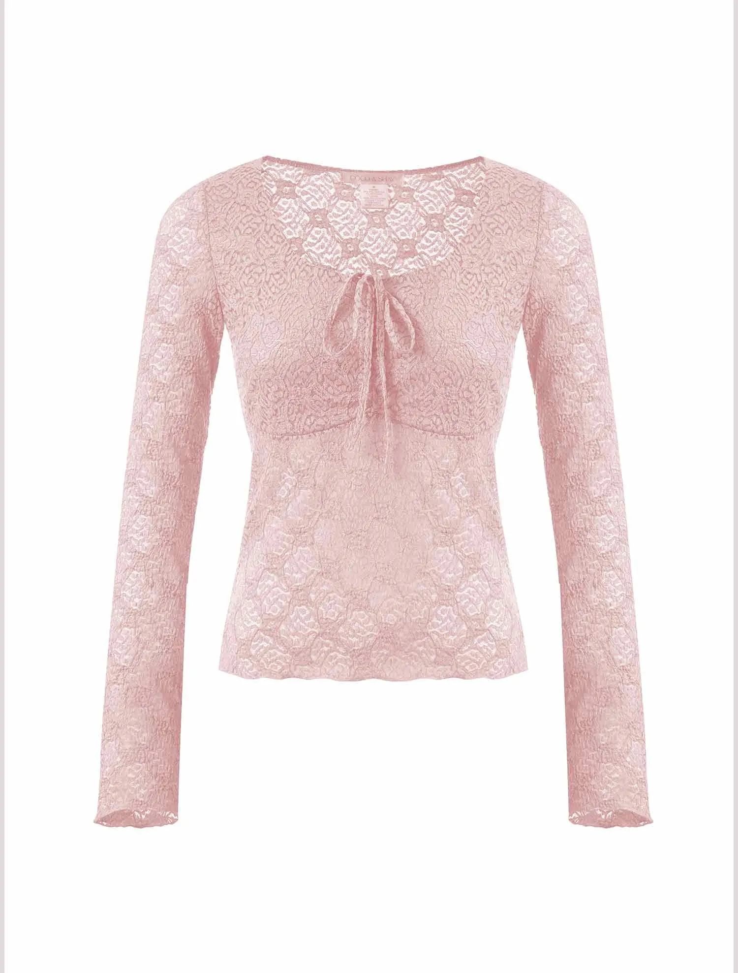 Lace Floral Semi-Sheer Tops Long Sleeve Sweetheart Neck Front Bowknot Cropped Blouse Clubwear