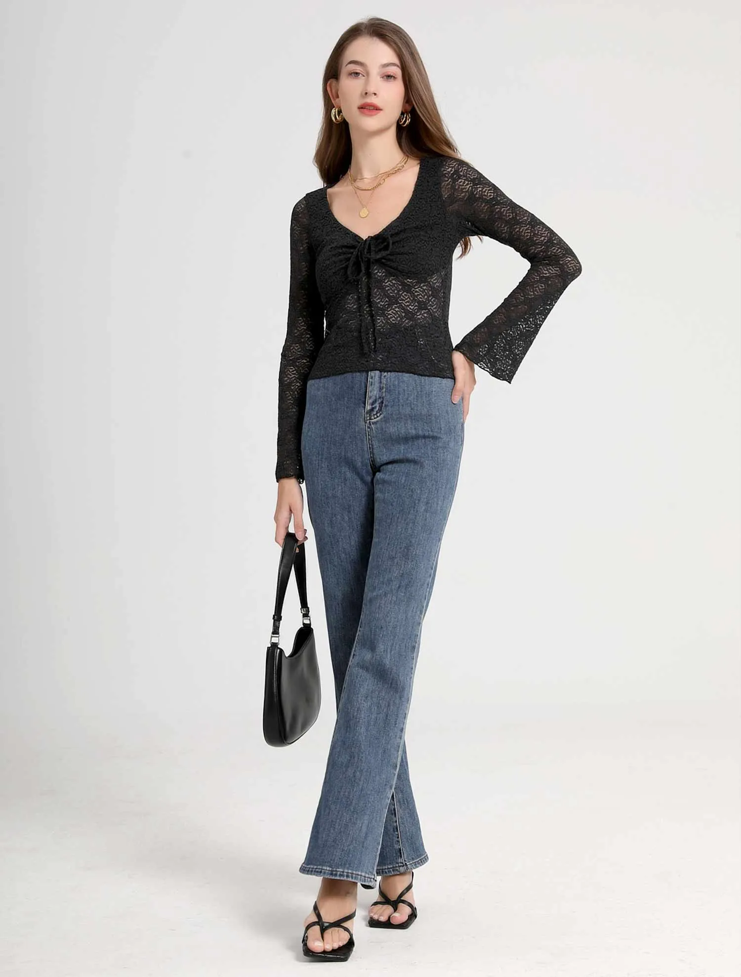 Lace Floral Semi-Sheer Tops Long Sleeve Sweetheart Neck Front Bowknot Cropped Blouse Clubwear
