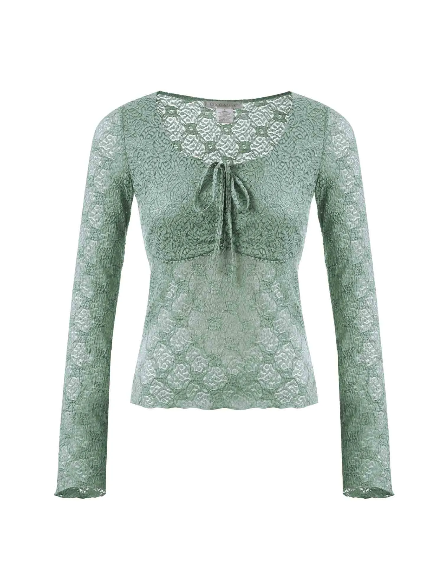 Lace Floral Semi-Sheer Tops Long Sleeve Sweetheart Neck Front Bowknot Cropped Blouse Clubwear