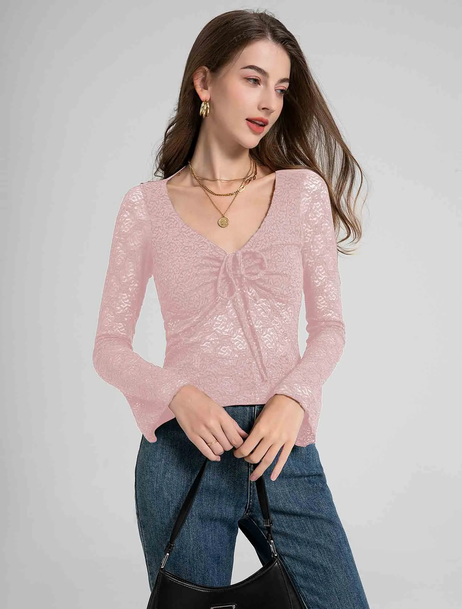 Lace Floral Semi-Sheer Tops Long Sleeve Sweetheart Neck Front Bowknot Cropped Blouse Clubwear