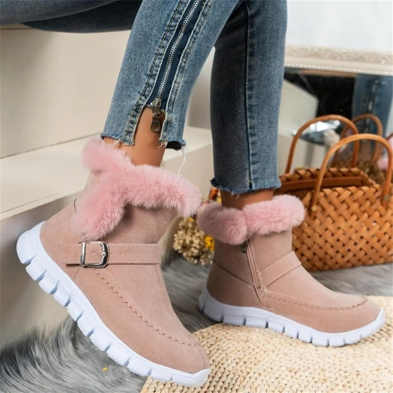 Ladmiple Boots For Women Ankle Booties Winter Slip On Warm Snow Boots Fashion Fur Lined Thickening Comfortable Loafers Shoes